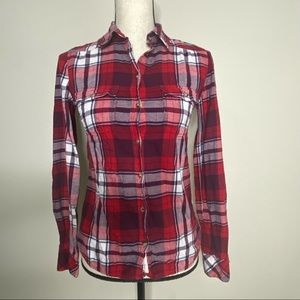 H&M LOGG Shirt Womens Size 2  Plaid Long Sleeve Elbow Pads Red.